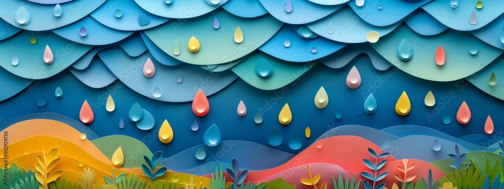 Fototapete A background of layered paper cutouts depicting raindrops in various shapes and sizes, creating a textured and whimsical feel.