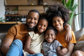 Parents And Kids. African American happy family with two kids spending quality time together on a cozy couch in their living room