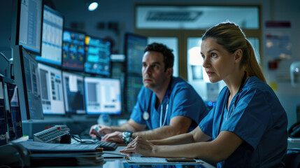 Obraz premium A couple of people are seated at a desk in a room, engaged in conversation or work. The room is simple and functional, with no extra decorations