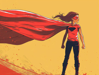 A fictional character in a superhero costume with magenta tints and shades painting a striking visual arts scene, standing with a blowing red cape in nature