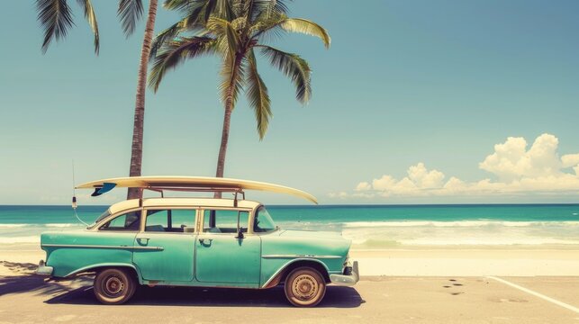 Fototapeta Beach Fun - Vintage Car with Surfboard on Tropical Shoreline, Retro Summer Leisure trip