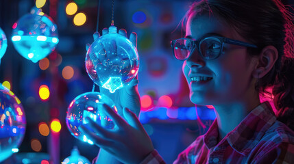 A woman holding up glass balls in her hands against a plain background - Powered by Adobe