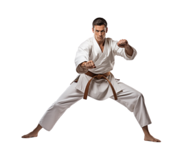 Martial arts athlete wearing white clothes and brown belt throwing a powerful punch against isolated on transparent background. Generative AI