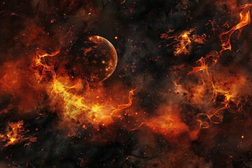 A raging fire surrounds a mysterious planet in the depths of space against a pitch-black backdrop.