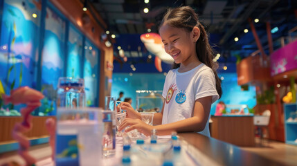 A delighted young girl conducting a hands-on science activity, surrounded by colorful exhibits