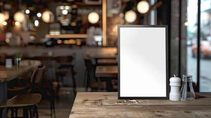 Presentation of a white poster with a black frame stand against a blurred restaurant cafe background, ideal for showcasing promotional products.