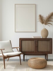 Frame mockup, wooden chest of drawers and comfortable chair, white wall home room interior, 3D render