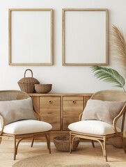 Frame mockup, wooden chest of drawers and comfortable chair, white wall home room interior, 3D render