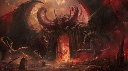 Epic entrance to hell's depths, patrolled by giant beasts and laced with lethal traps, a daunting obstacle for heroes on questing voyages