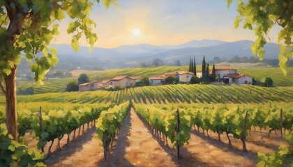 Fototapeta na wymiar Serene Sun Drenched Vineyard With Rows Of Grapevi Upscaled 4