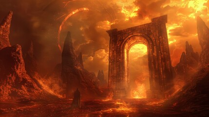 Enigmatic dungeon gates set against a backdrop of a blazing hellish landscape, inviting bold characters to unlock its secrets, straight out of a fantasy novel