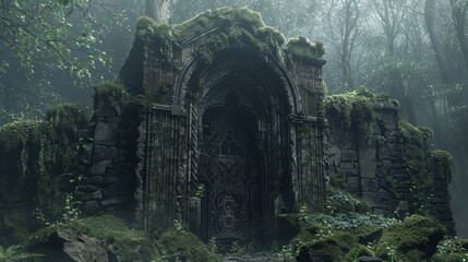 Fototapeta premium Eerie entrance to hell's gates, intricately carved with dark, foreboding dungeon aesthetics, surrounded by a thick, misty forest setting