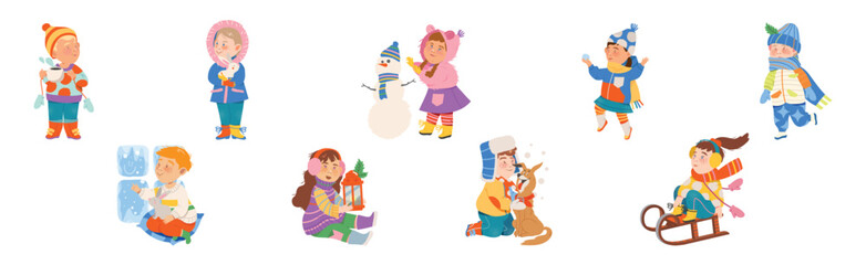 Cute Kid Character Doing Different Winter Activity Vector Set