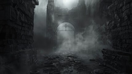 Eerie view of the dungeon gates with Charon, cloaked in darkness, overseeing the passage of souls along the Styx, the atmosphere thick with fog and despair