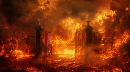 Dramatic visualization of the gates of hell as described in Christianity, with foreboding iron gates set against a fiery backdrop, symbolizing eternal punishment