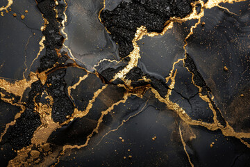 Abstract background, kintsugi golden veins on agate black stone, luxury glitter gold, rock texture. with 3d effect  Wallpaper decorative pattern