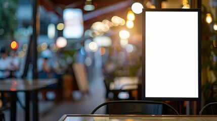 Presentation of a white poster with a black frame stand against a blurred restaurant cafe background, ideal for showcasing promotional products.