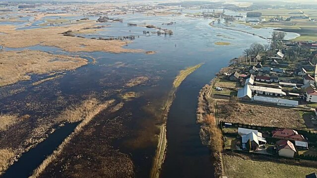 Aerial view of the spring backwaters of the Narew River in Tykocin in podlasie on a sunny day.