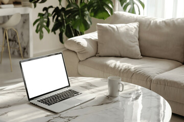 Laptop on the table with a blank screen in modern living room