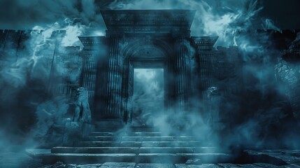 Dark entrance to the underworld, with the gates of Hades guarded by Cerberus, surrounded by mist and the echoes of lost souls, capturing a mythological essence