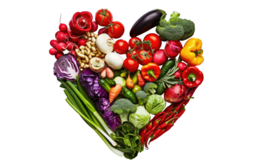 Assorted vegetable forming forming heart shape isolated on transparent background