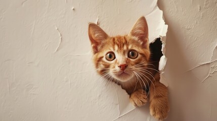 Cat looking from the hole in the wall, happy kitten banner concept