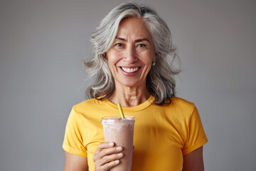 Smiling older Hispanic woman in yellow t-shirt with glass of protein drink in hand on gray background. Food concept for adult food products, silver economy.