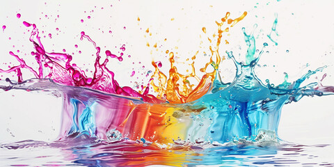 A kaleidoscope of vibrant hues dances in a serene pool, erupting in a symphony of color against a pristine white canvas.
