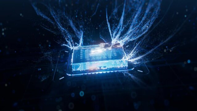 Appearing of Futuristic High Performance GPU Chip for Artificial Intelligence Compute. Creation of Advanced Microchip. Microchip Activation. Particles Floating around and Forming Beautiful Bokeh
