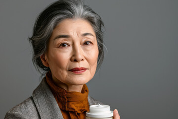 Portrait of an elderly pretty Asian woman with a jar of cosmetic cream in her hand on gray background. Concept of cosmetics for adult people. Silver economy concept.