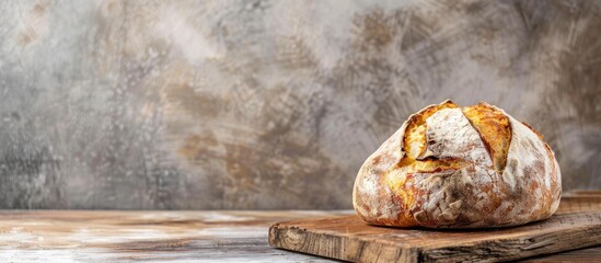 Fresh sourdough bread made at home displayed on a wooden surface against a gray backdrop, with space available for text.