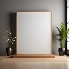 Minimalist Wooden Frame Against White Wall 8k Resolution Room Layout, A picture frame on a shelf with plants and a picture frame.

