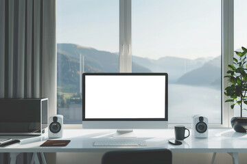 Front view of modern designer desktop with blank computer screen, and other items. Mockup