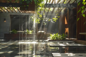 Sunlit atrium with reflective water feature and hanging planters