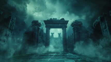 A powerful visual of Hades' entrance, where Cerberus looms large, the gates set against a backdrop of deep darkness and mystical fog, true to Greek mythology