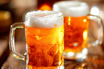 Beer mugs on a wooden table in a pub or restaurant.
