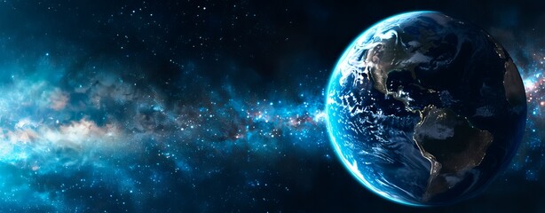Obraz premium Beautiful planet Earth in space against the background of stars and galaxies, blue colors, banner format.