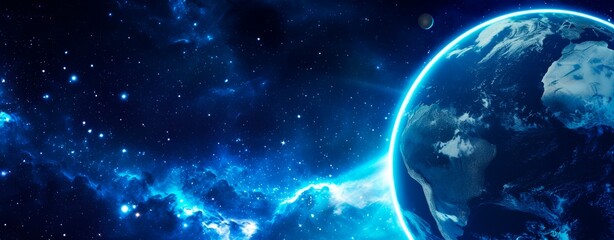 Beautiful planet Earth in space against the background of stars and galaxies, blue colors, banner format.
