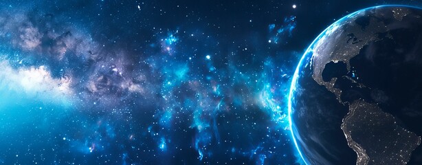 Beautiful planet Earth in space against the background of stars and galaxies, blue colors, banner format.