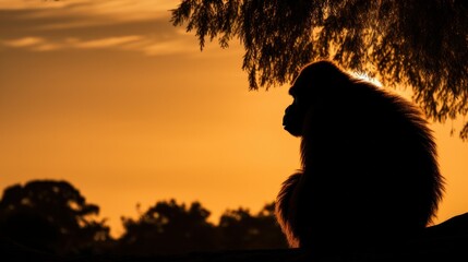 Silhouette of orangutan on sunset sky.