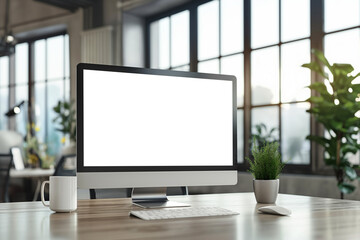 Fototapeta premium Front view of modern designer desktop with blank computer screen, and other items. Mockup