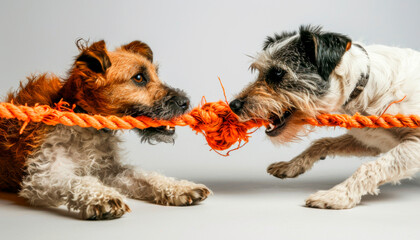 Two wire hair fox terriers, a breed of carnivorous dogs known for their working abilities, are playing with an orange rope. Their snouts and tails wag as they enjoy the dog supply - Powered by Adobe