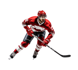 Intense hockey player in red mid-action on a white background, displaying focus and athletic skill. Generative AI