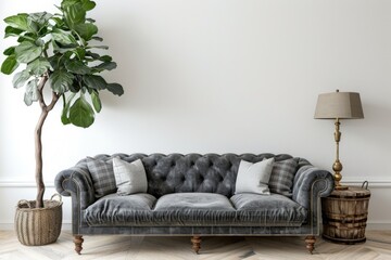 Living Room Sofa. Modern Interior Design with Gray Velvet Sofa, Pillows, and Green Plaid on White Wall Background