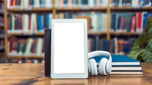Tablet with headphones and books on a table in a library.