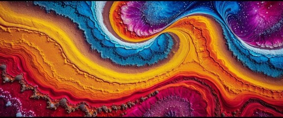 A close-up of an abstract painting with vibrant colors of purple, blue, yellow, orange and red,...