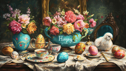 A joyous Easter celebration with friends and family gathered around a festive table laden with colorful eggs, spring flowers, and the words "Happy Easter" written in elegant calligraphy.