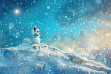 Snowfall New Year. Merry Christmas Greeting Card with Snowman in Winter Landscape