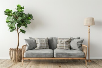 Living Room Sofa. Gray Velvet Sofa with Green Plaid and Pillows in Modern Interior Design