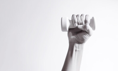 Fototapeta premium Woman hand with dumbbells. Sports exercise, white background. AI generated.